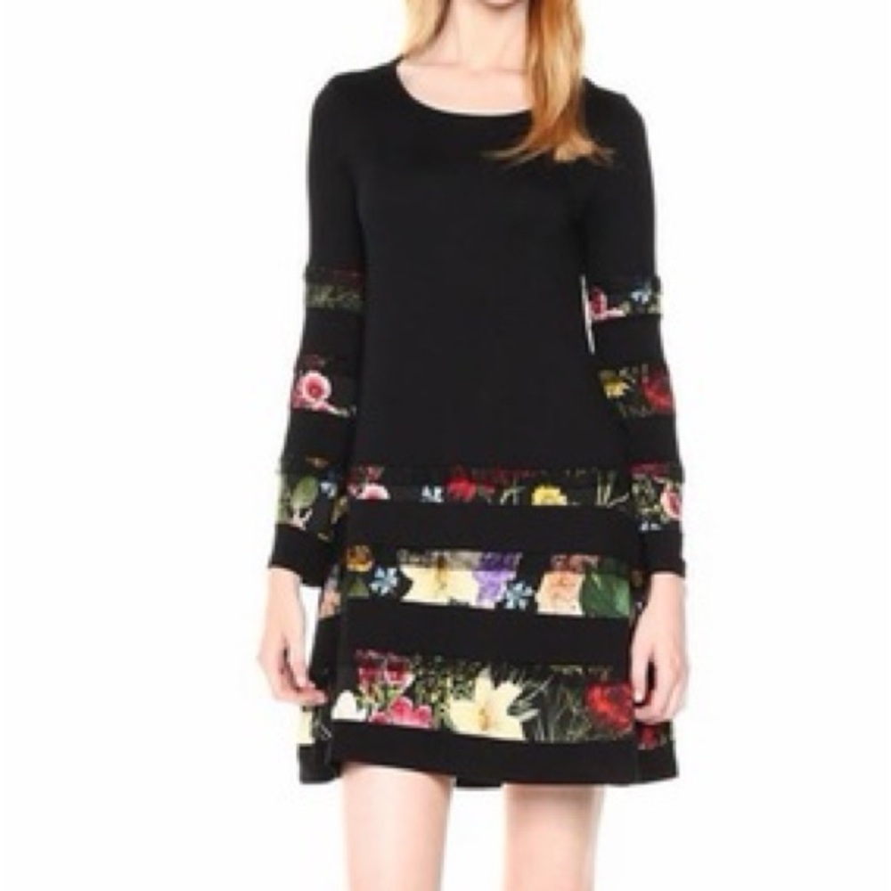 Desigual Paloma Black Jersey Dress With Floral Fabric Stripes size Small